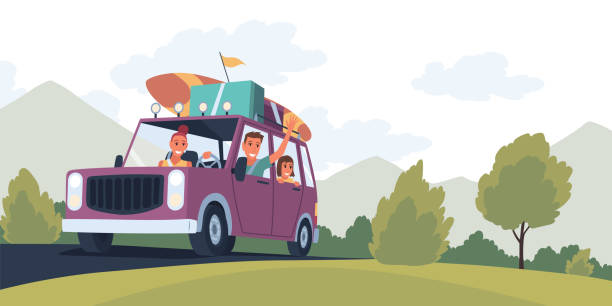 People traveling by car. Happy family in road trip. Hitchhiking and traveling concept for banner, website design or landing web page. People in auto adventure on nature background People traveling by car. Happy family in road trip. Hitchhiking and traveling concept for banner, website design or landing web page. People in auto adventure on nature background. family-van-driving stock illustrations