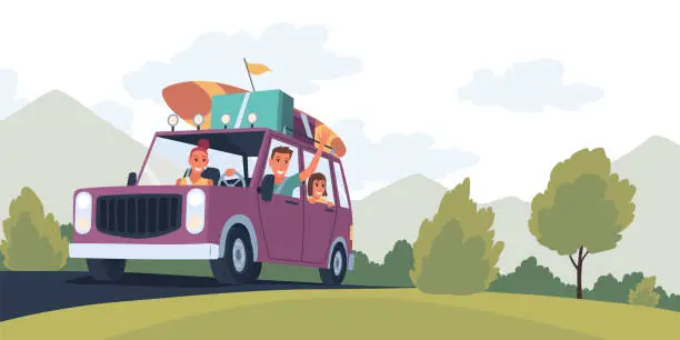 Vector illustration of People traveling by car. Happy family in road trip. Hitchhiking and traveling concept for banner, website design or landing web page. People in auto adventure on nature background