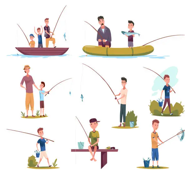 Vector illustration of Children fishing icon set. Happy boy child holding fish on fishing rod hook. Fisherman with fish catch cartoon. Family enjoying fishing. Cartoon little boy catching fish. Flat vector illustration