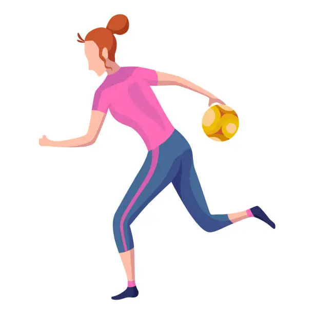 Vector illustration of People play bowling game, side view. Woman playing bowling. Girl enjoy of game. Player entertainment activity. Vector illustration