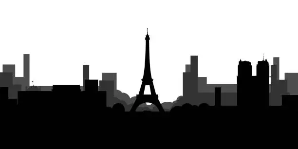 Vector illustration of Silhouette of Paris black and white. The silhouette of the city for the website. Background of the sights of Paris. Vector design for the landing page.