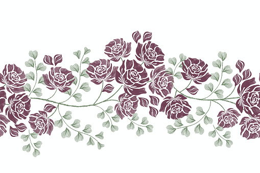Rose Floral pattern seamless paisley embroidery on white background. Silhouette flower motif background border ethnic Baroque style abstract vector illustration vintage design for print template.