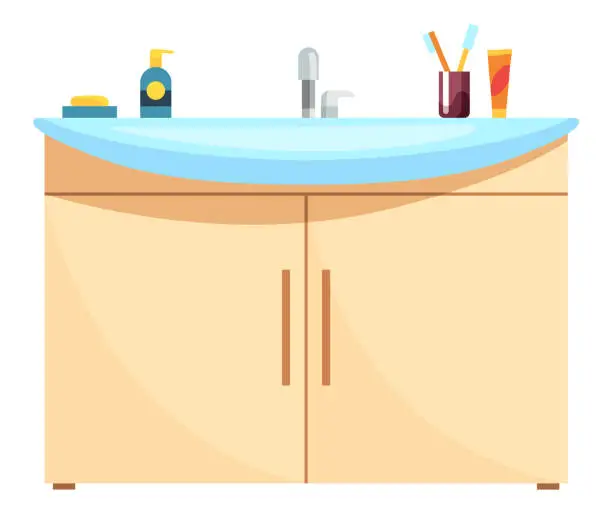 Vector illustration of Cartoon bathroom equipment, washbasin with necessary accessory. Shampoo and mouthwash bottle element for dental oral care and others. Flat vector design illustration