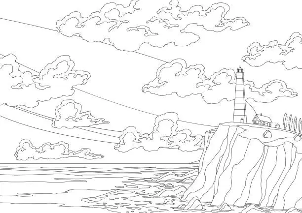 Vector illustration of Lighthouse sea landscape in coloring style. Nautical navigation tower on rocky coast under cloudy sky. Ocean beach with beacon and building on cliff. Vector flat cartoon illustration of seascape