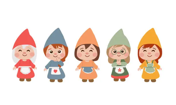 Vector illustration of Collection of garden women gnomes or dwarfs , banner, different color . Set of cute fairytale characters. Flat cartoon vector illustration isolate on white background for your design .