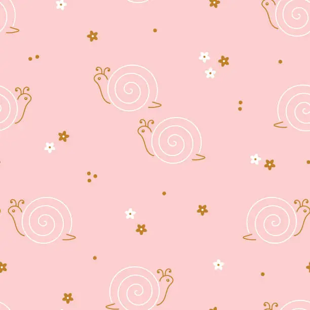 Vector illustration of Cute Snails and Flowers Seamless Pink Pattern for Kids Fashion. Line Art Snail. Vector illustration.