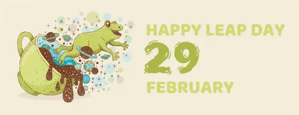 Vector illustration of Leap day February 29 poster. Leap year calendar with jumping frog. February 29, 2024 concept. Cute frog jump out of cup with tea and galaxy print. Green 2024, 2028 year banner. Cartoon text poster