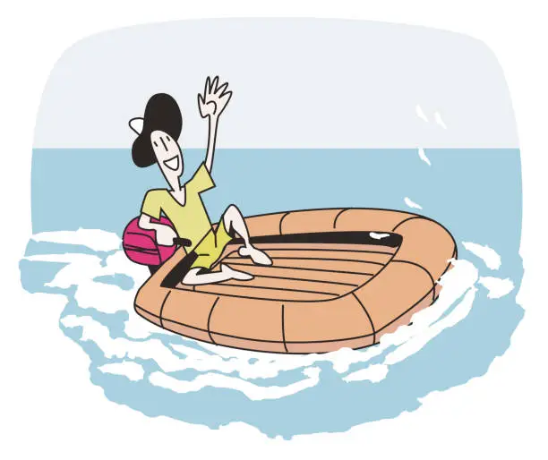 Vector illustration of man in motor inflatable boat at sea