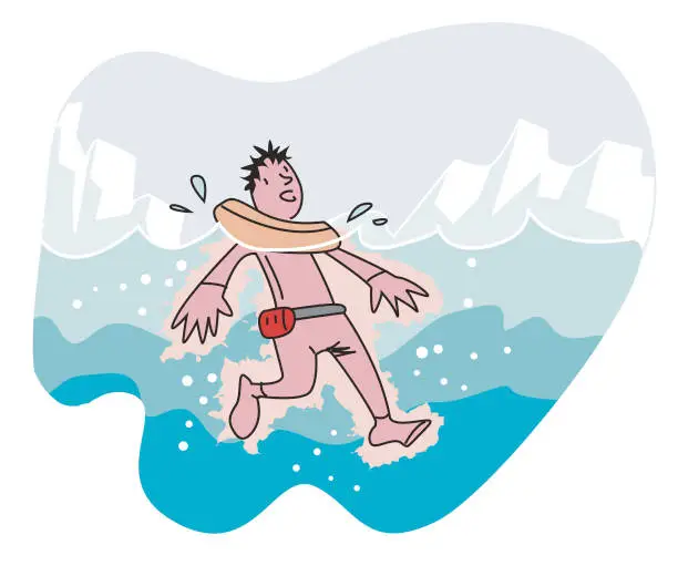 Vector illustration of man in the cold sea awaits rescue