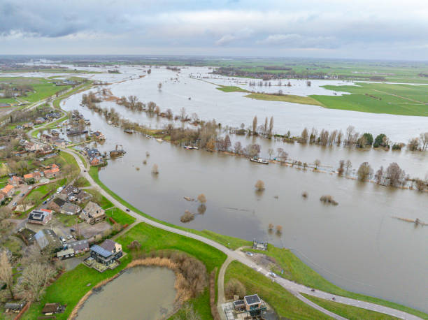 IJssel river with overflowing floodplains  after heavy rainfall