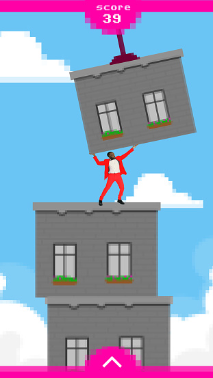 Modern aesthetic artwork. Business man in vivid red official suit holds block of home in videogame against background with cloudy sky. Concept of gaming culture, business development, startup. Ad