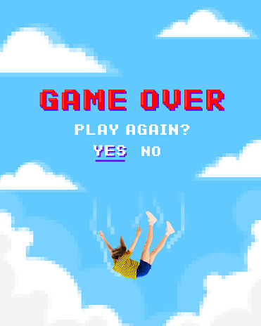 Modern aesthetic artwork. Game over. Young lady falling down as video-game character against cloudy sky. Pixeled design. Concept of gaming culture, business, quitting, burnout. Ad