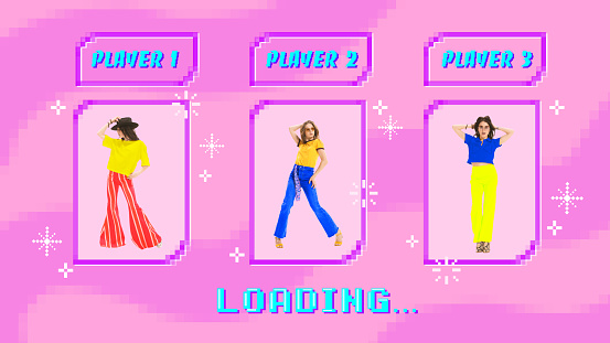Modern aesthetic artwork. Three young ladies in fashion and glamour outfits looks as game characters. Each model posing in different boxes. Concept of self-expression, fashion trends, online gaming.