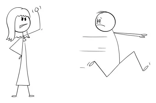 Vector illustration of Weak Man or husband Flees or Running Away From Strong Woman or Wife, Vector Cartoon Stick Figure Illustration