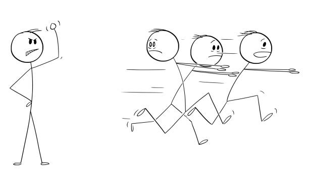 istock Group of Weak Men Running Away in Fear From Strong Person, Vector Cartoon Stick Figure Illustration 2007405710