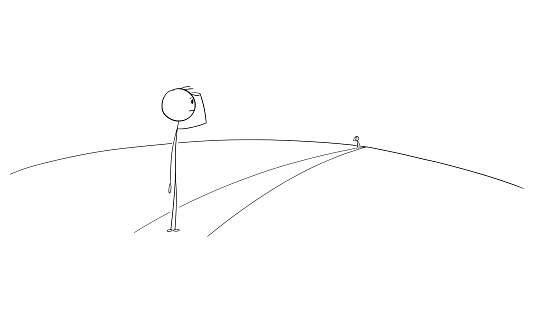 Person standing and watching another man on long road or path, vector cartoon stick figure or character illustration.