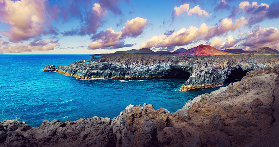 Scenic landscape Los Hervideros lava's caves in Lanzarote island,landmark in Canary islands.