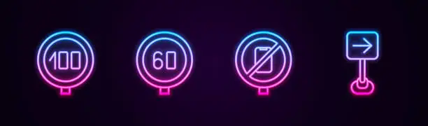 Vector illustration of Set line Speed limit traffic, , No cell phone and Traffic sign turn right. Glowing neon icon. Vector