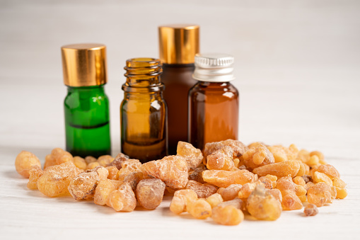 Frankincense or olibanum aromatic resin isolated on white background used in incense and perfumes.