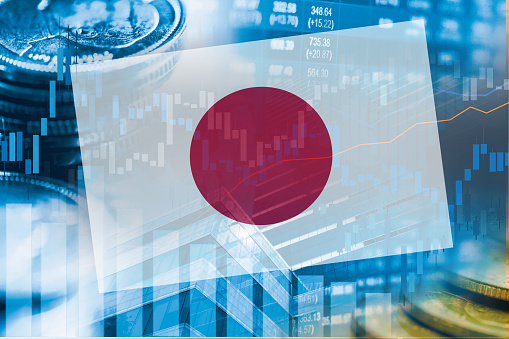 Stock market investment trading financial, coin and Japan flag , finance business trend data background.