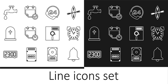 Set line Ringing bell Alarm clock Telephone 24 hours support Calendar and Tombstone with cross Water tap Floppy disk the 5.25-inch and check mark icon. Vector.