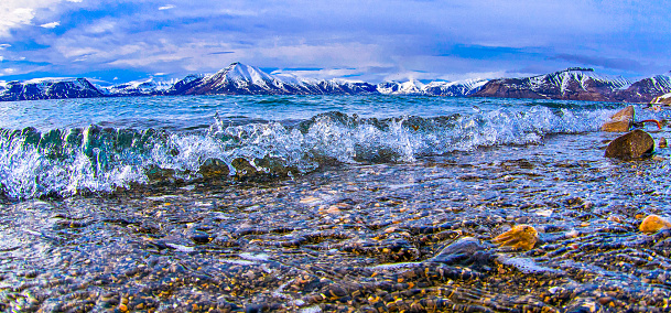 Sea Waves Snowcapped Mountains at Billefjord, Arctic, Spitsbergen, Svalbard, Norway, Europe