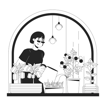 Growing indoor veggies windowsill black and white cartoon flat illustration. Asian woman 2D lineart character isolated. Reduce electricity usage. Saving energy home monochrome vector outline image