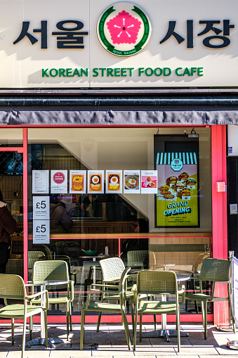 Kingston-Upon-Thames, London UK, February 12 2024, Empty Seating Area Outside a Korean Street Food Cafe With No People