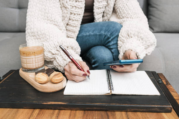 istock Unrecognizable woman sitting on a couch at home, using mobile phone or smartphone and writing in notepad on the table with glass of coffee drink and dessert 2007449974