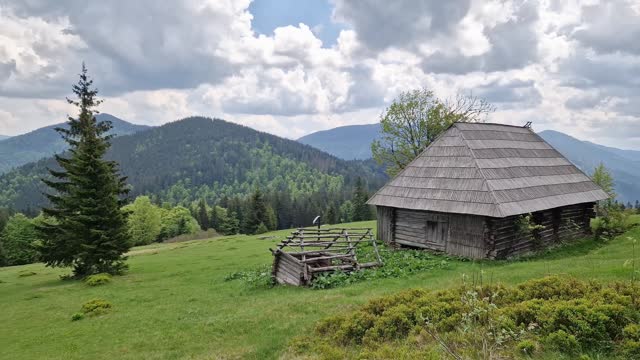 Mountain meadow with wooden herdsman hut in the Carpathian Mountains