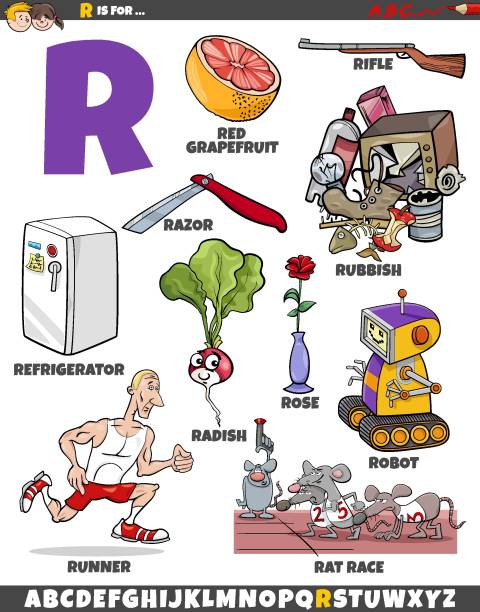 letter r set with cartoon objects and characters - rat race englische redewendung stock-grafiken, -clipart, -cartoons und -symbole