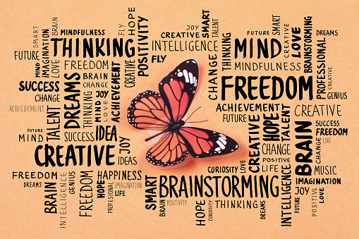 The Butterfly and Transformation - word cloud on orange background