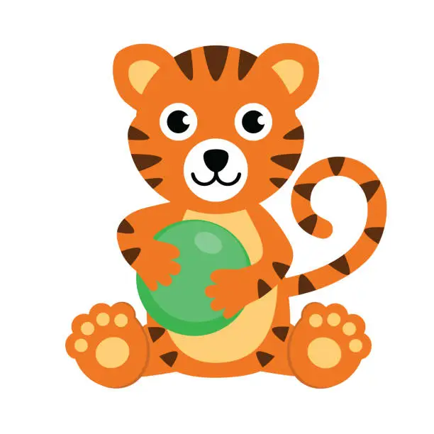 Vector illustration of Tiger cartoon. Tiger, vector illustration, clip art. Baby safari animal. Sitting tiger playing with ball.