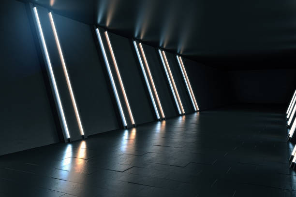 istock Side view of modern spacious dark tunnel interior with mock up place. 3D Rendering. 2007498091