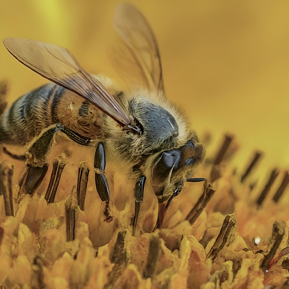 A bee perched on vibrant yellow flower, gazing downward.