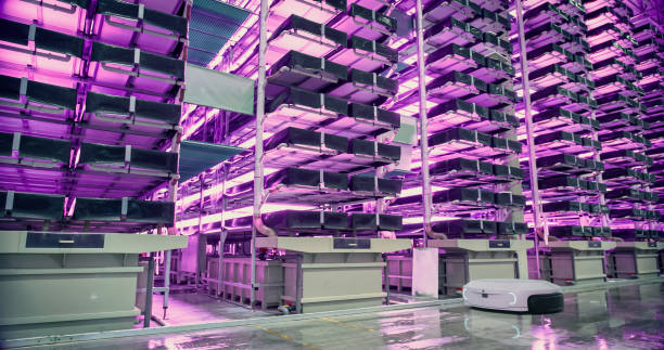 istock Autonomous Robots Vertical Farming Logistics Warehouse: Robots Transporting Sustainably Grown Organic Vegetables. Agriculture in Automatic Retail Warehouse with AI-Controlled Hydroponics System 2007501751