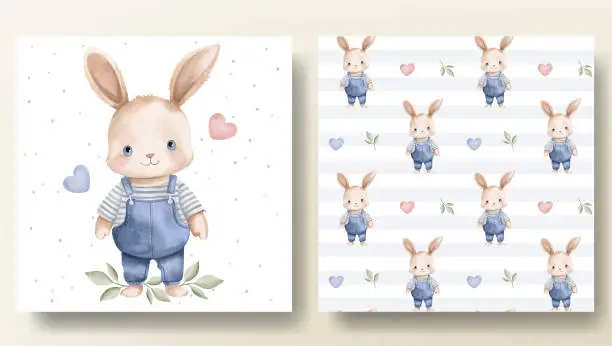 Vector illustration of Set of card and seamless pattern with watercolor rabbit and hearts. Springtime template. Cute childish print.