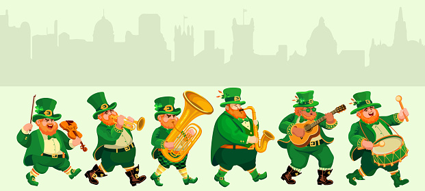 Funny musicians in leprechaun costumes. People, cartoon characters on silhuettes of old town background. Flat style Illustration for St. Patricks Day, an Irish holiday. Vector.