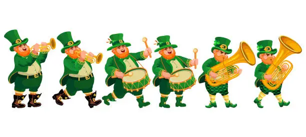 Vector illustration of Six funny musicians in leprechaun costumes. St. Patricks Day. Vector.