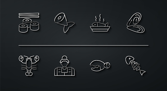 Set line Sushi Lobster Mussel or crab claw Fisherman tail skeleton and Served fish plate icon. Vector.