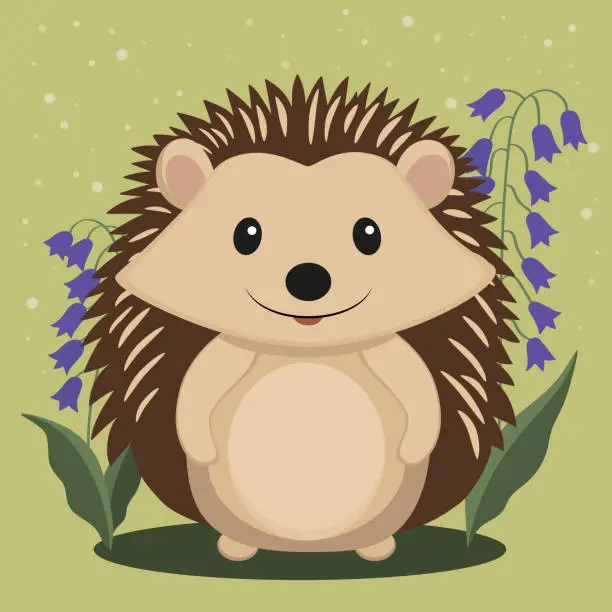 Vector illustration of A charming hedgehog stands on a lawn with flowers