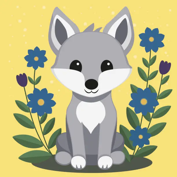 Vector illustration of A cute wolf cub is sitting among the flowers