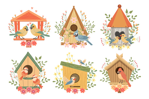 A set of birdhouses with cute birds, decorated with flowers and leaves. Spring pictures in flat cartoon style. Spring holiday illustration. Vector