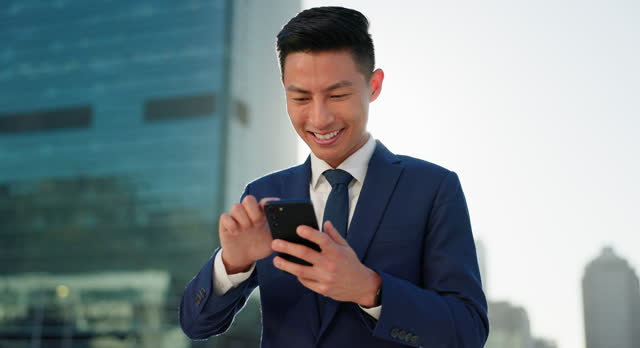Phone, search and business man laughing in a city for travel, commute or social media chat. Smartphone, app and Japanese entrepreneur in Tokyo with online comic, meme or funny contact conversation