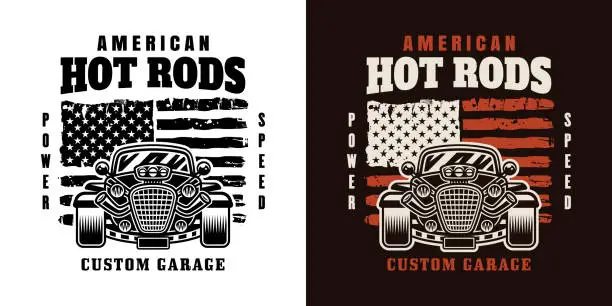 Vector illustration of Hot rod vector emblem, label, badge or print in two styles colored and black on white background