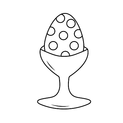 Easter egg in egg holder. Cute doodle decorative egg. Vector linear illustration.