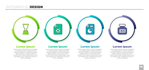 Vector illustration of Set Old hourglass, Document settings, with graph chart and Inkwell. Business infographic template. Vector