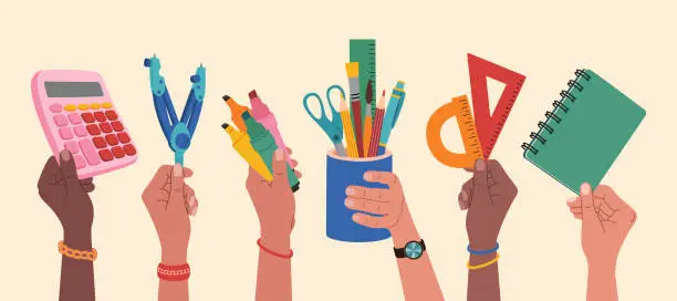 Vector illustration of Diverse hands holding stationery or school supplies. Notebook, calculator, pens, rulers, felt pens, scissors