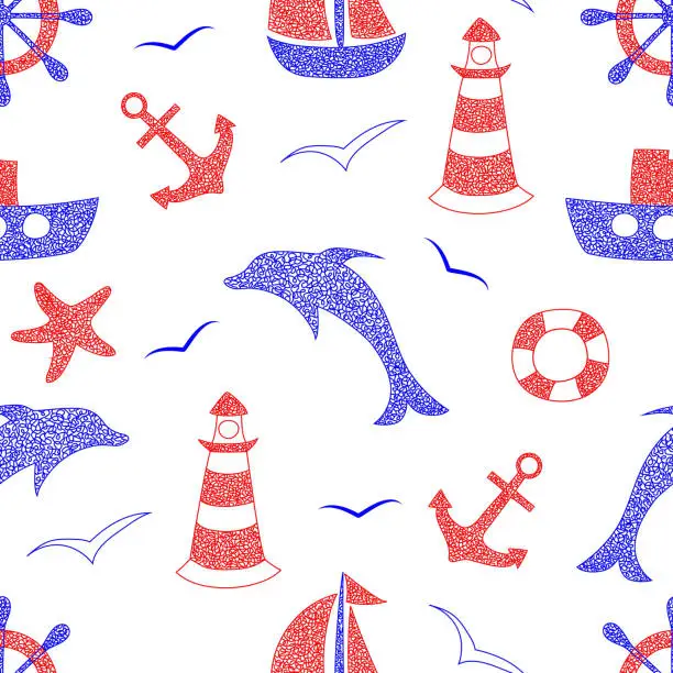 Vector illustration of Seamless pattern with hand drawn anchor, dolphin, ship, lighthouse, sailboat, hand wheel, helm on white background in childrens naive style.
