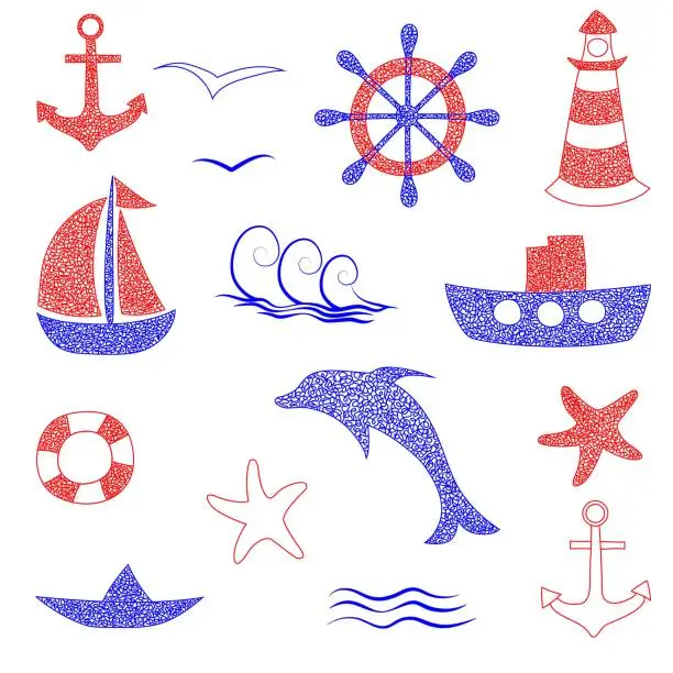 Vector illustration of Set of hand drawn anchor, dolphin, ship, lighthouse, sailboat, hand wheel, helm on white background in childrens naive style.